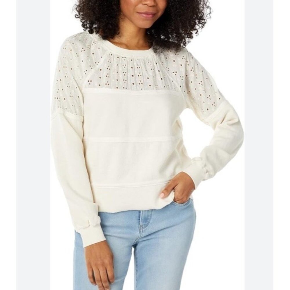 Saltwater Luxe Sweater Women's Large Beige Lace Trim Pullover Crew Neck Cotton